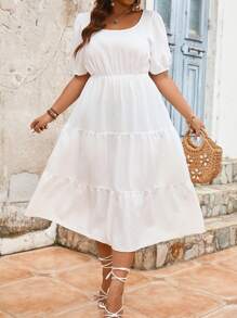 Breezaya Plus Size Women's Solid Color Back Knot Short Sleeve Dress - White - View 6
