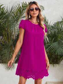 SHEIN Clasi Puff Sleeve Edge Laser Cut Dress - Red Violet - View 3