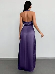 EURMUSE Women's Solid Color Backless Halter Neck Dress - Mauve Purple - View 2