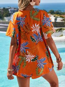 SHEIN VCAY 3 cái/bộ Của phụ nữ Nhiệt đới Thực vật In Ngắn tay Áo sơ mi , Top Cây trồng Và Quần short Đối với bờ biển Ngày lễ - trái cam - Xem 2