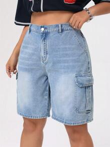 SHEIN ICON Shorts Utility In Denim, Tasche Capovolte E Lavaggio Effetto Scolorito, Taglie Comode - Blu lavato medio - Visualizzare 4