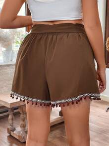 SHEIN Holidaya 大尺碼編織腰帶拼接短褲,帶流蘇邊 - 棕色 - 查看 2