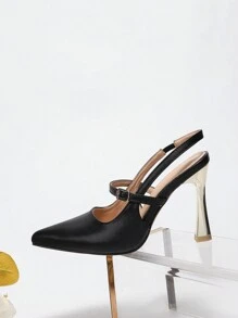 Women's High Heels, Pointed Toe, Leather Backless Pumps With Thin Heels, Air Quality, Black Color, For Spring/Summer Or Autumn
