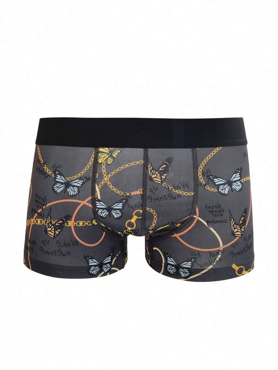ملابس داخلية قصيرة للرجال مع نمط فراشة مطبوع عليها وحزام خصر مطبوع بحروف وزخرفة سلسلة - الأسود - مشاهدة 1