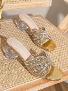 Spring/Summer Fashionable Square-Toe Crystal Heeled Glass Rhinestone Decorated Chain Women's Gold High Heel Sandals Suitable For Parties And Other Formal Occasions - Gold - View 3