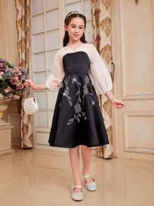 SHEIN Tween dziewczynka Śliczny Bańka Rękaw Szyfon Staw Iskrzący się Dekoracja z kryształu górskiego Średniej długości Sukienki