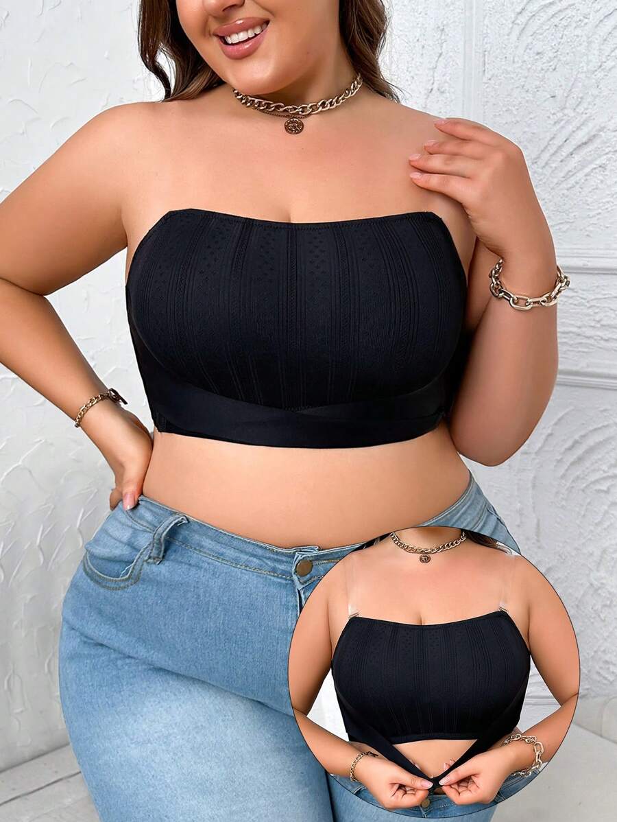 Plus Size Solid Color Front Closure Strapless Bra - Black - View 1