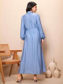 Seusyu Solid Color Ruffle Trim Decorated Lantern Sleeve Dress - Blue - View 2