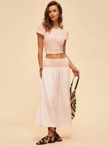 Bohemela Set aus einfarbigem Crop Top und zweifarbigem Wickelrock für den Urlaub - Pink - Übersicht 5