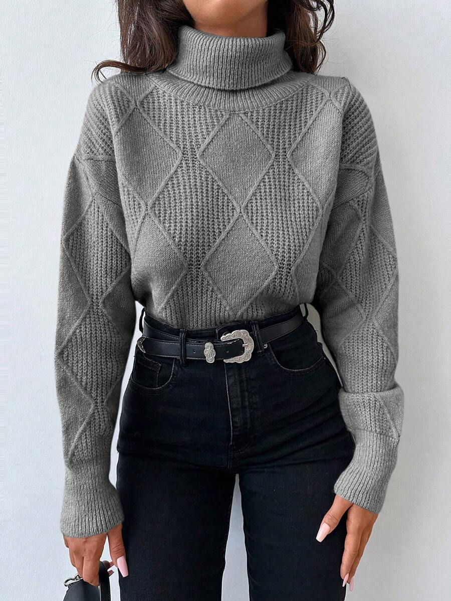 SHEIN Cottnline High Neck Drop Shoulder Sleeve Sweater - Grey - View 1