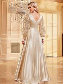 XUIBOL 串珠拼接缎面 V 领荷叶边下摆优雅正式晚礼服女士（大量装饰）长袖舞会婚礼宾客礼服，适合毕业典礼、晚宴 - 香檳色 - 查看 3