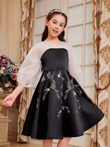 SHEIN Tween dziewczynka Śliczny Bańka Rękaw Szyfon Staw Iskrzący się Dekoracja z kryształu górskiego Średniej długości Sukienki