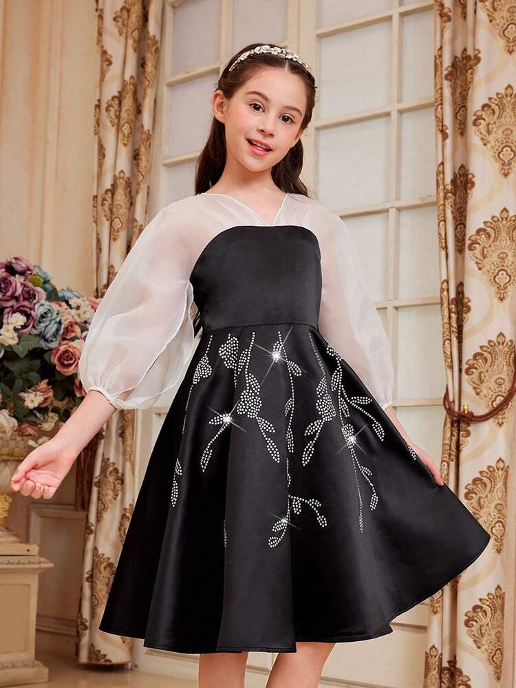 Tween Girls' Cute Bubble Sleeve Chiffon Joint Sparkly Rhinestone Decor Mid-Length Dress
