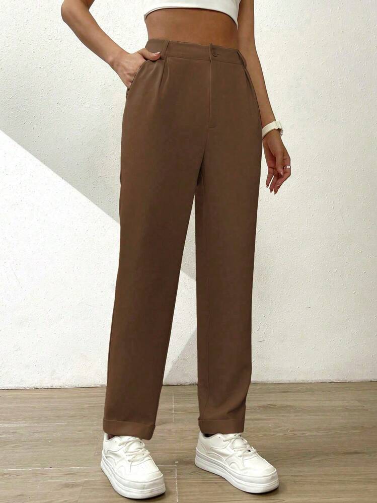 SHEIN Essnce 净色斜口袋裤子 - 棕色 - 查看 3