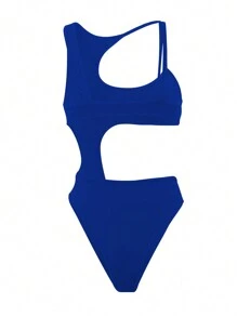 INAWLY Solid Color Hollow Out Slim Fit Bodysuit - Blue - View 5