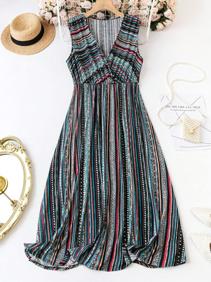 SHEIN LUNE Plus Size Striped V-Neck Sleeveless Cinching Waist Dress, Women Summer Outfit - Multicolor - View 1