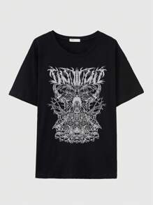 ROMWE Grunge Punk Skull Graphic Drop Shoulder Tee, School - Black - View 1