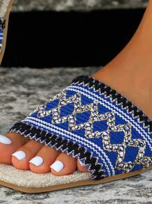 WRCVS 女款夏季平底藍色刺繡風格拖鞋,適合派對和海灘 - 寶藍色 - 查看 6