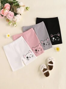 SHEIN Baby Girl Spring/Summer Cute Cat Print Striped Shorts 4pcs Set - Multicolor - View 3
