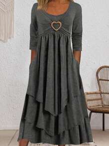 SHEIN LUNE Của phụ nữ Vòng cổ In Trái tim Đầm Với Xù Hoa Sen - Xám - Xem 1