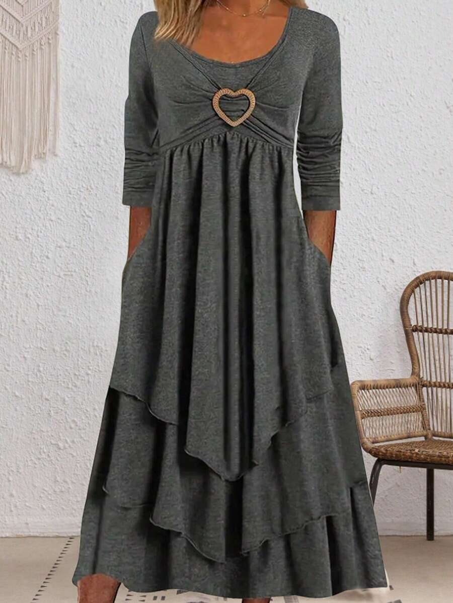 SHEIN LUNE Của phụ nữ Vòng cổ In Trái tim Đầm Với Xù Hoa Sen - Xám - Xem 1