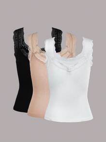 SHEIN LUNE 蕾絲拼接羅紋修身背心 - 彩色 - 查看 2