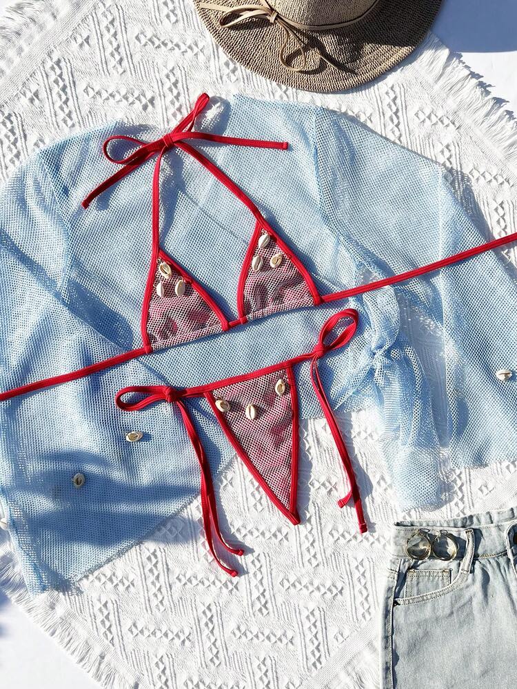 Seashell Decor Halter Neck Bikini Set With Separated Bikini Set Summer Beach