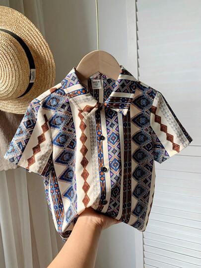 SHEIN LMoss Kids Camisa Corta Transpirable Y Cómoda Con Patrón Floral Vintage Para Niño, Para Uso Diario, Escolar, De Viaje, Temporada De Primavera/verano