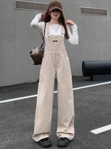 DAZY 女性寬鬆牛仔工裝背帶褲,帶有補丁細節