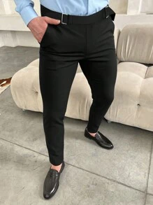 Manfinity Homme Men Solid Slant Pocket Pants Straight Leg Long Slacks Plain Black Going Out - Black - View 7