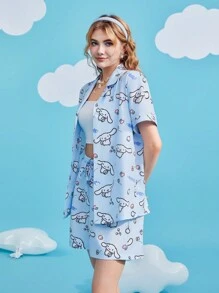 HELLO KITTY AND FRIENDS | SHEIN Fashionable Casual Cartoon Print Blue Lapel Collar PJ Set - Multicolor - View 5