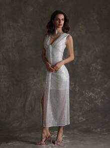 Anewsta Women's Sleeveless Glittery Slit Hem Dress - White - View 3