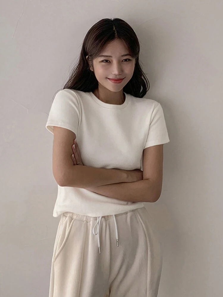 Women's Solid Color Round Neck Short Sleeve T-Shirt Summer,Business Casual Women