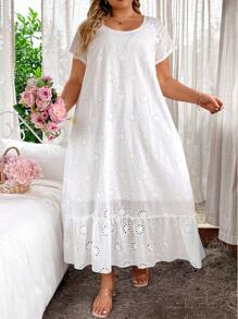 EMERY ROSE Plus Size Hollow Out Embroidery Ruffle Hem Dress Maxi Women Outfit