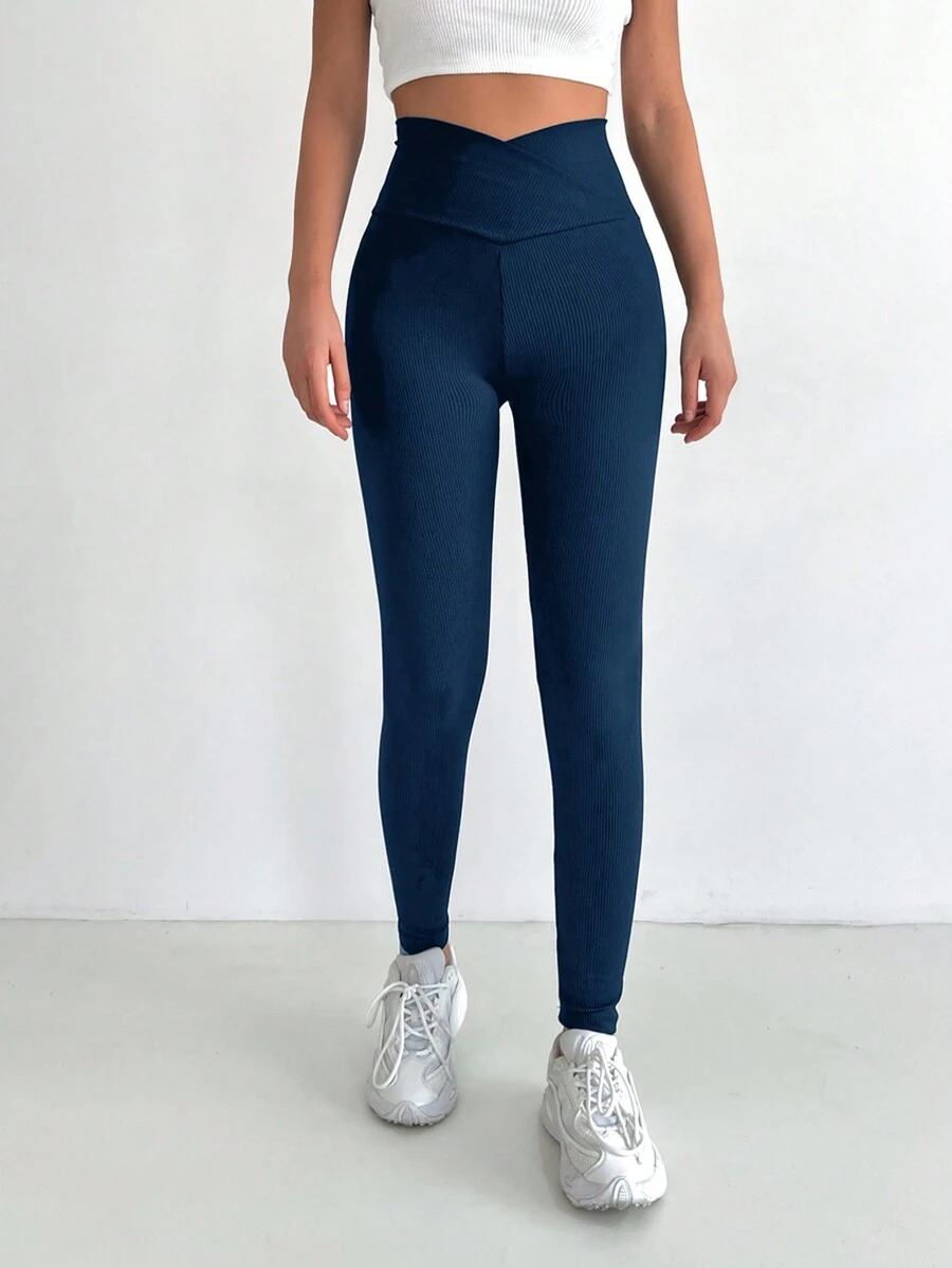 RueChic Leggings Da Donna Con Sovrapposizione In Vita E Colore Unito - Blu Navy - Visualizzare 1
