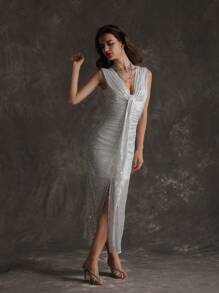 Anewsta Women's Sleeveless Glittery Slit Hem Dress - White - View 5