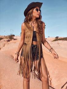 RELISH NOLESS Women's Denim Festival Country Music Concert Holiday Jacket, Casual Sexy Bohemian Style Lightweight Suede Fringe Vest For Summer Spring - Camel - View 3