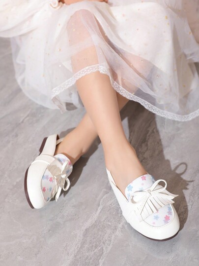 New Arrival Girls' Fringe & Bow Knot Flat Fashionable All-Match Princess Shoes With Back Strap