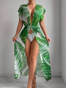 SHEIN Swim Holiday Style Plant Print Kimono Dress With Elastic Waist - Green - View 1