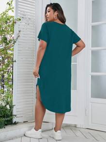 Calvaya Plus Crisscross Front Curved Hem Tee Dress - Teal Blue - View 2