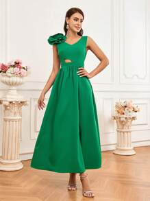 SHEIN Belle Solid Color 3d Flower Hollow Out Slit Bridesmaid Dress - Green - View 4