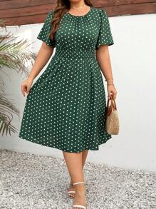 SHEIN Clasi 大码女式波尔卡圆点收腰短袖连衣裙女装，适合夏季 - 墨綠色 - 查看 5