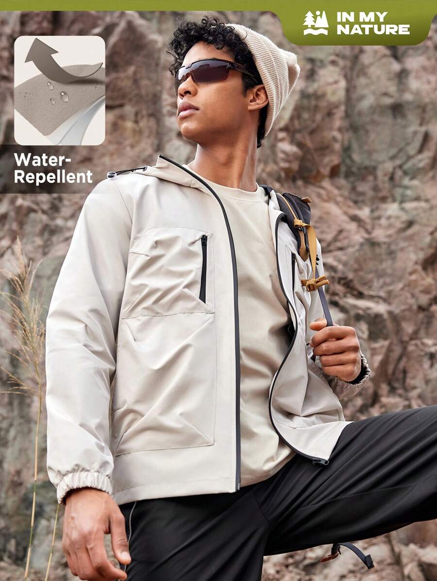 SHEIN In My Nature Men's Drawstring Hooded Regular Fit Outdoor Jacket - Beige - View 1