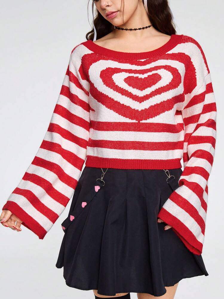 Women's Asymmetrical Neck Heart Striped Pullover Sweater