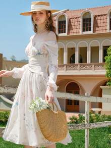 Women Spring Summer Off-Shoulder Long-Sleeve Waist Pleated Vacation Dress - White - View 5