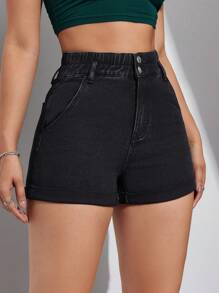 SHEIN EZwear 實色修身牛仔短褲,斜口口袋設計 - 黑色 - 查看 5