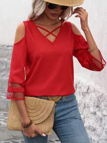 SHEIN Clasi Women Criss Cross Cold Shoulder Red Blouse - Red - View 1