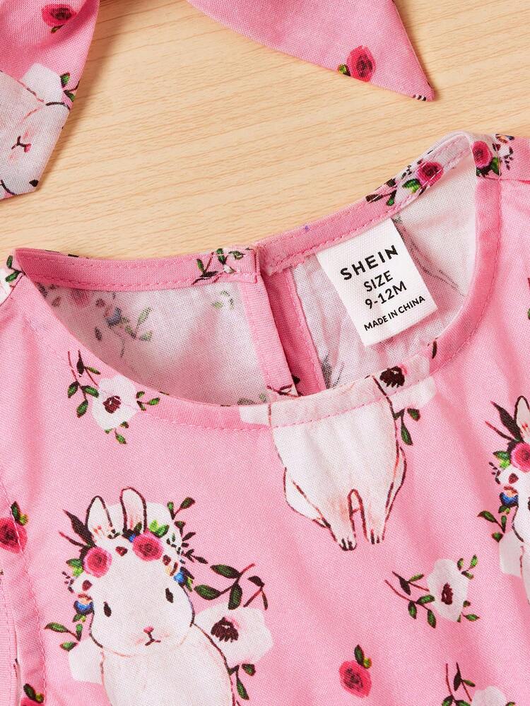 Baby Girl Easter Sleeveless Romper With Cartoon Rabbit Print Headband Set