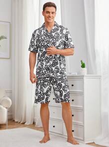 Men's Full Printed Button Down Shirt And Short Home Suit Summer Homewear Set