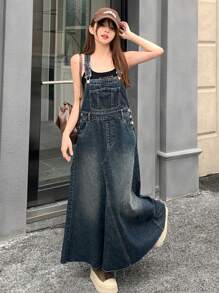 DAZY Loose-Fit Washed Denim Overall Dress With Patch Pockets - Dark Wash - View 4